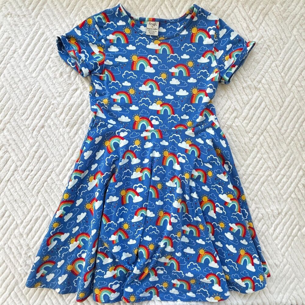 Frugi Girls 8-9 Rainbow Cloud Organic Cotton Short Sleeve Skater Twirl Dress